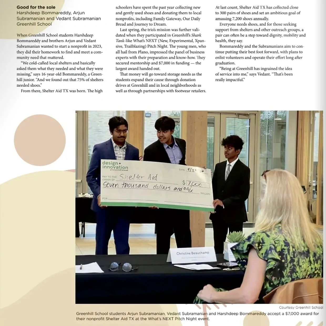 Vedant Subramanian presenting $7,000 check for Shelter Aid TX